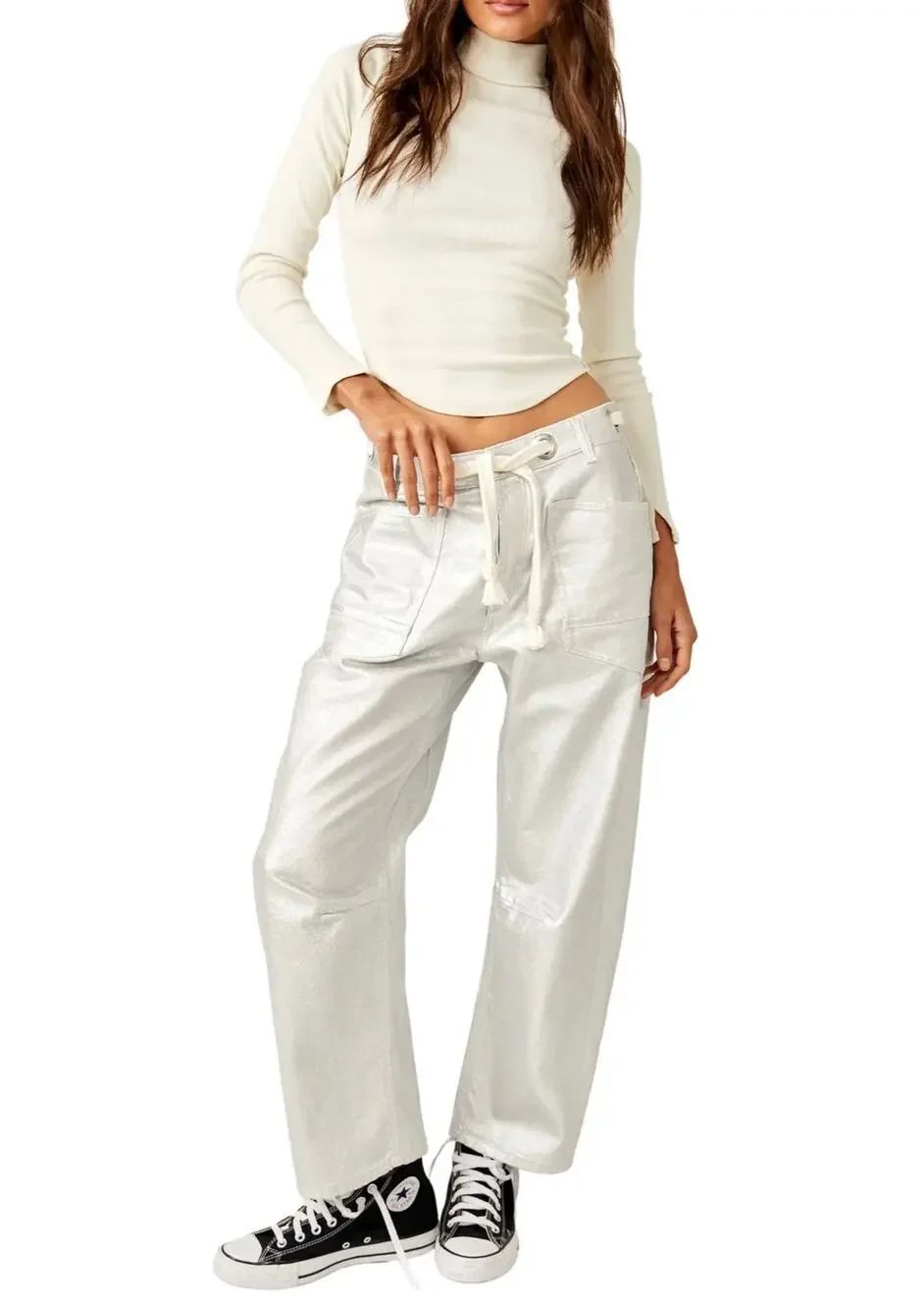 Free People Moxie Barrel Leg Metallic Silver Jeans